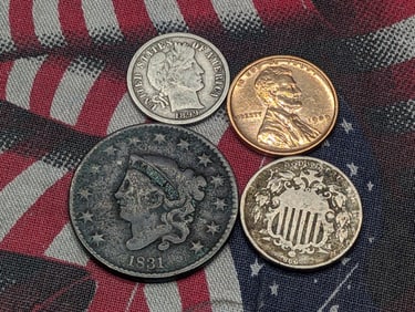 Four Various Vintage U.S. Coins, Includes 1831 US Large Cent, 1899 Barber Dime, 1909 VDB Lincoln