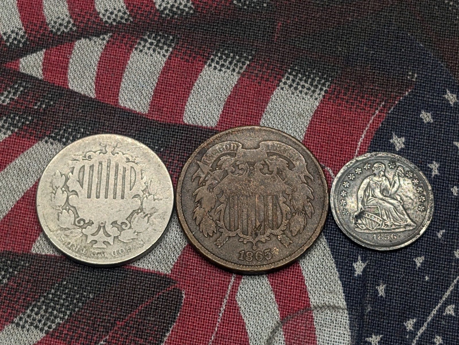 Three Various Vintage U.S. Coins, Includes 1865 Two cent Piece, 1856 Seated Liberty Half Dime, 18?? (1 of 2)