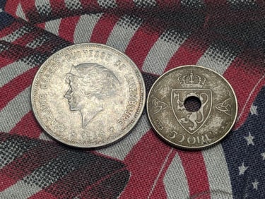 1929 Luxembourg 5 Silver Francs - XF & 1923 Norway 50 Ore - VF (2 PCS)