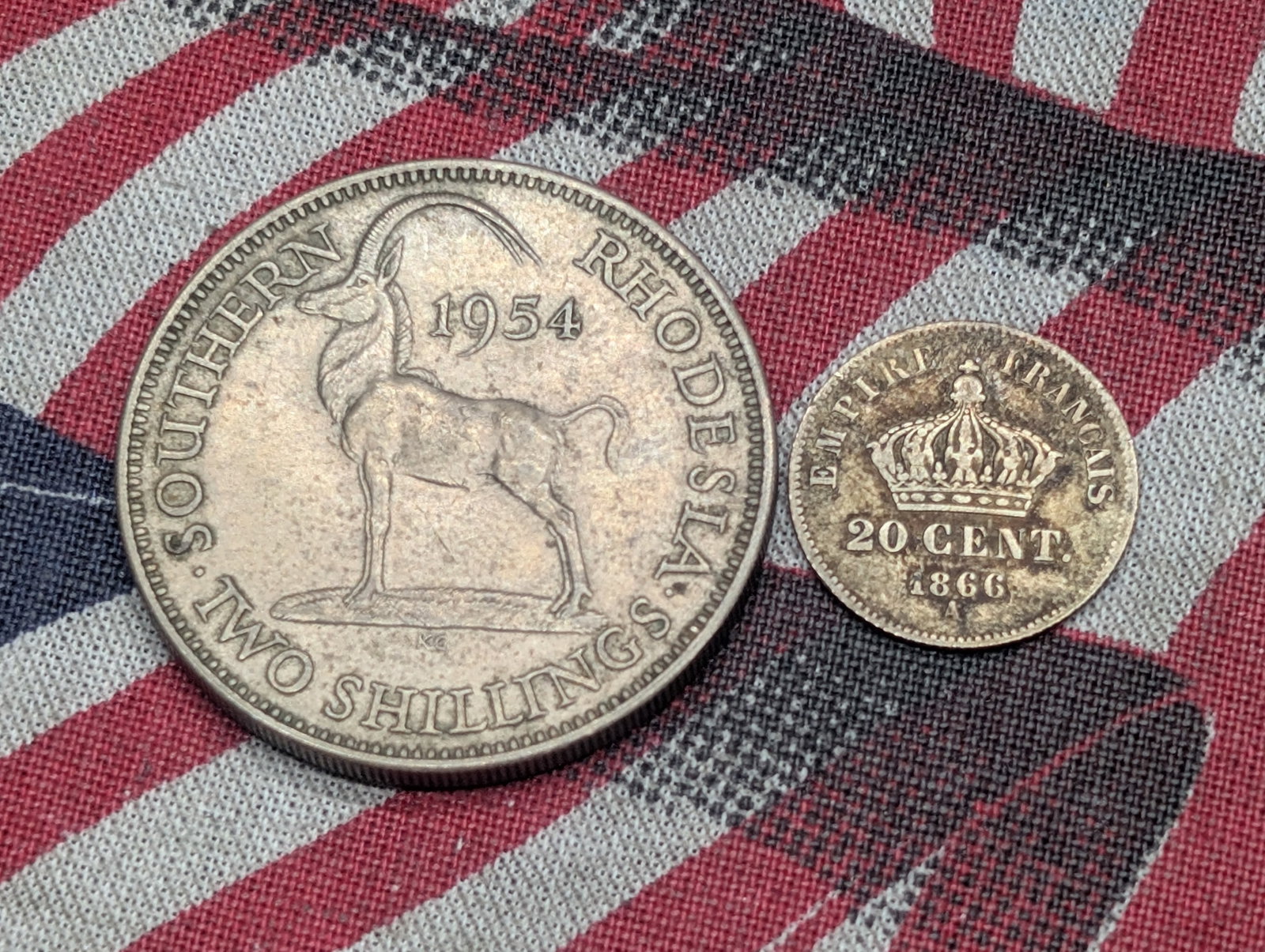 1954 Southern Rhodesia 2 Shillings - XF & 1866-A France 20 Silver Centimes ( 2 PCS): 1954 Southern Rhodesia 2 Shillings - XF & 1866-A France 20 Silver Centimes ( 2 PCS)