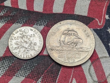 1915 France 50 Silver Centimes & 1932 Brazil 200 Reis (2 PCS)