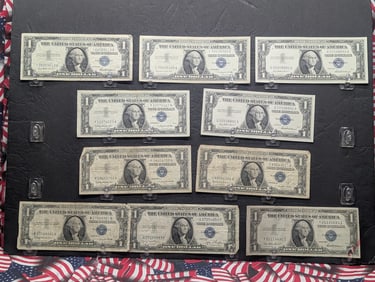 Lot of Ten Various 1957 & 1935 Series $1.00 Silver Certificates - Including Star Note - 1935 D & F,