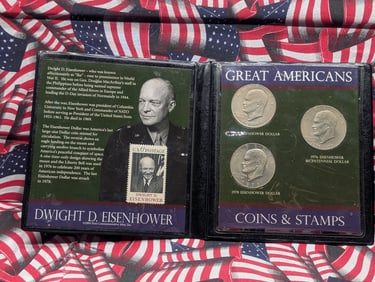 Three Dwight D. Eisenhower Dollars, Coins & Stamp Collection in Display Book - Great Americans