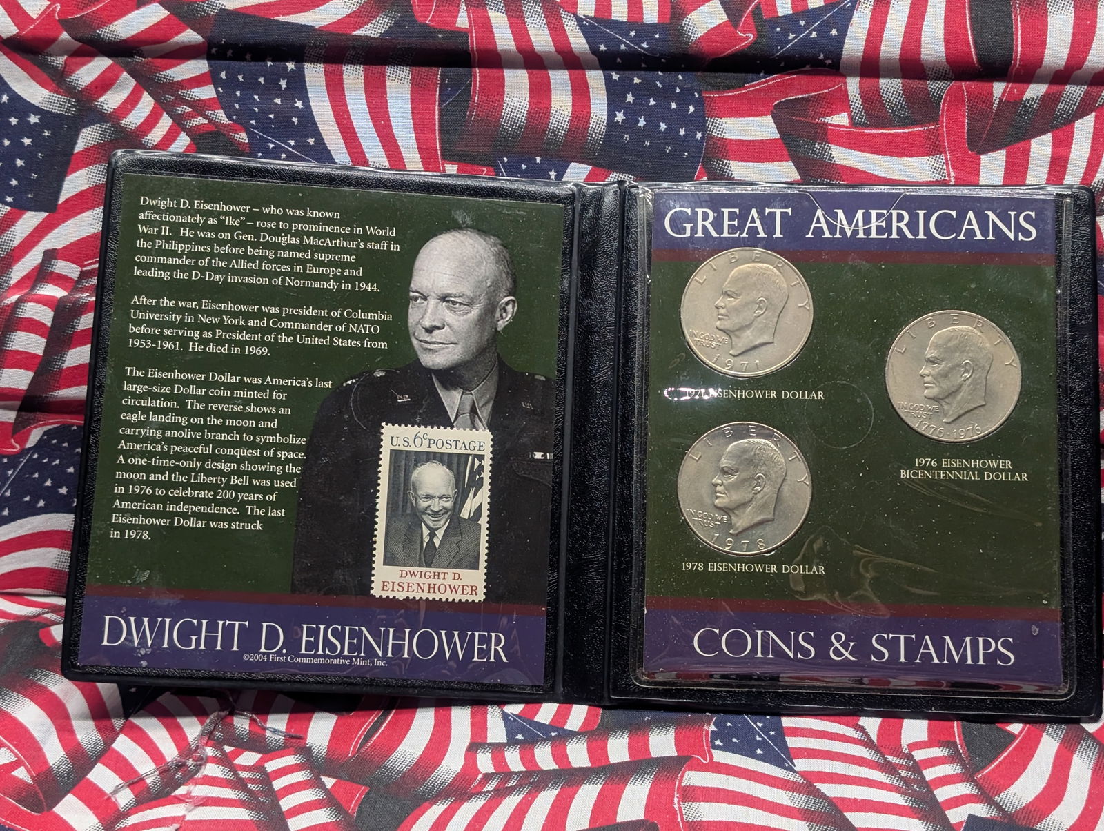 Three Dwight D. Eisenhower Dollars, Coins & Stamp Collection in Display Book - Great Americans (1 of 7)