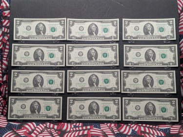 Lot of Twelve 2017 A Series $2.00 Federal Reserve Notes w/ Consecutive Serial Numbers in Hard