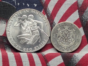 1972-J Germany Summer Olympics 10 Silver Marks & 1881-V Romania 1 Silver Leu (2 PCS)
