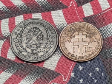 1943 Cameroon 1 Franc - XF & 1844 Bank of Lower Canada Half Penny - FINE (2 PCS)