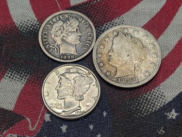 Three Various Vintage U.S. Coins 1898 Barber Dime, 1888 Liberty Head V Nickel, 1942 Mercury Dime