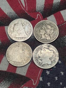 Four Various Vintage U.S. Coins, 1973 w/Arrows & 1890 Seated Liberty Dimes, 1865 & 1866 Three Cent