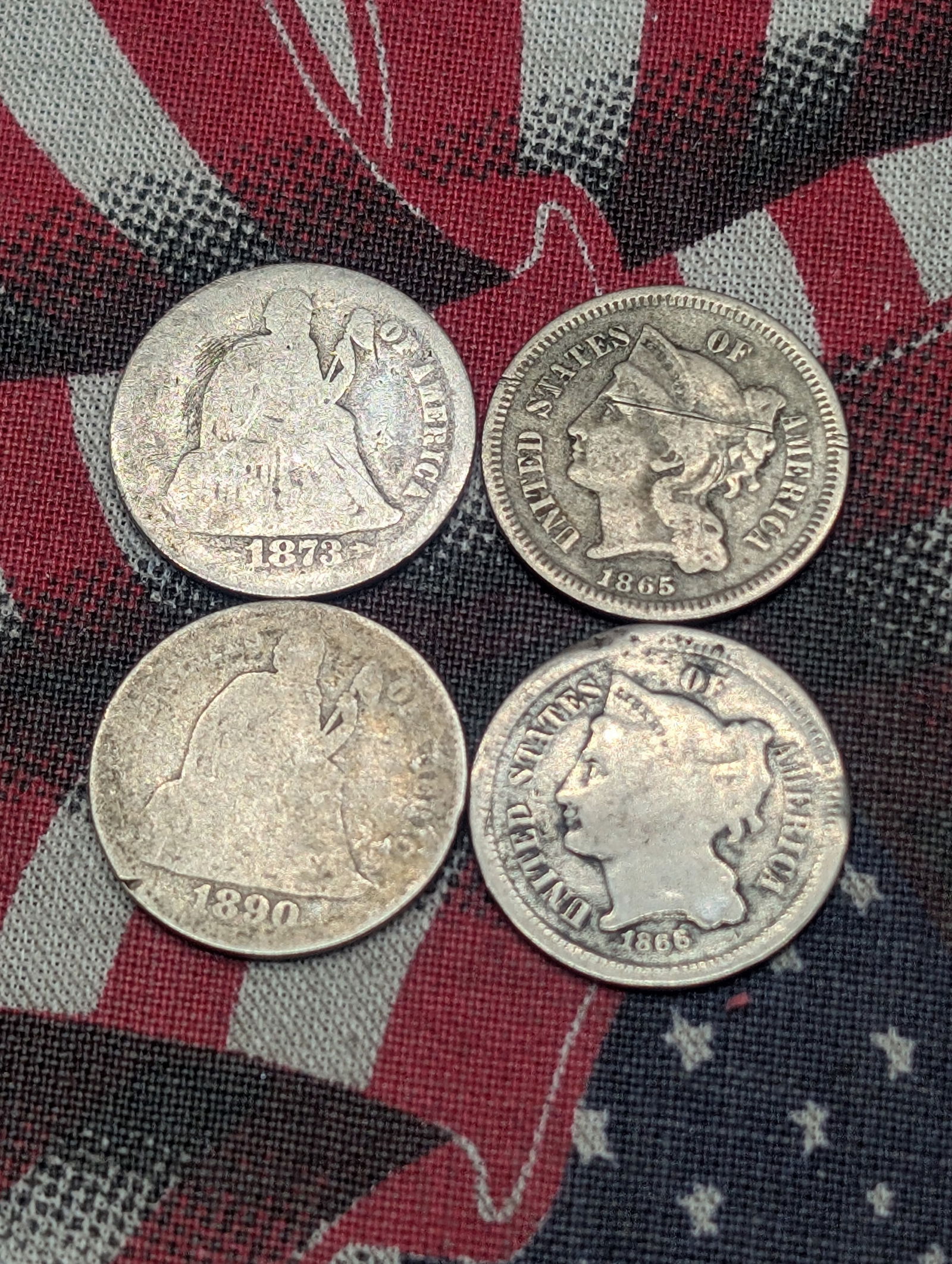 Four Various Vintage U.S. Coins, 1973 w/Arrows & 1890 Seated Liberty Dimes, 1865 & 1866 Three Cent (1 of 2)