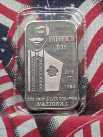 1 Troy Oz. .999 FINE SILVER Father's Day 1984 Designed Art Bar in Sealed Plastic