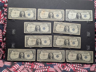 Lot of Ten Various 1957 Series $1.00 Silver Certificates (6) 1957's, (1)57- A, (3) 57-B's