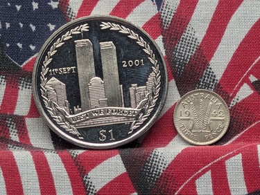 1942-D Australia Silver Three pence & 2002 PROOF Virgin Islands Dollar, Featuring 9-11-2001 Lest we