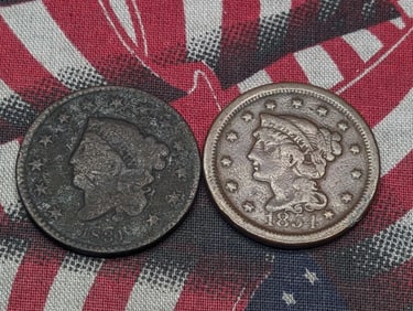 1831 Coronet Head Large Cent & 1854 Braided Hair Large Cent (2 PCS) Damaged