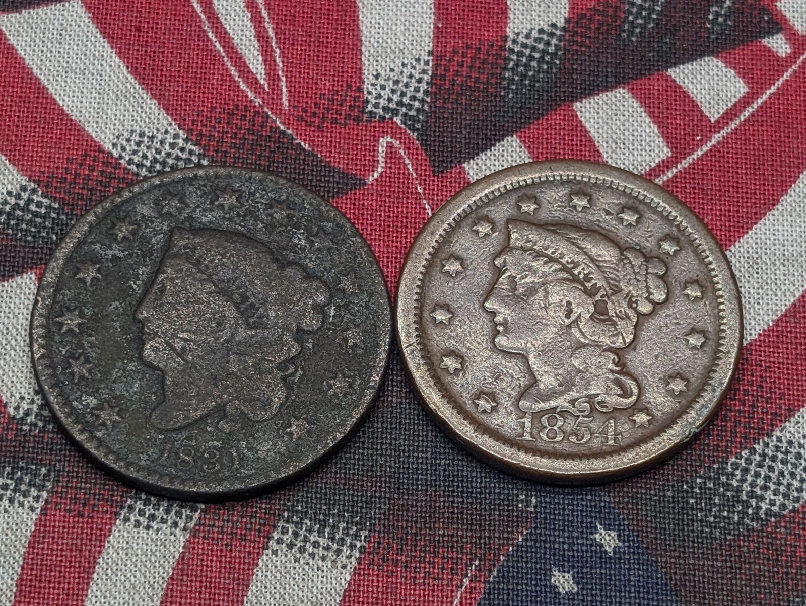 1831 Coronet Head Large Cent & 1854 Braided Hair Large Cent (2 PCS) Damaged (1 of 2)