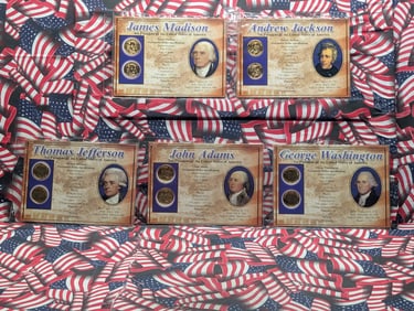 Lot of 5 Various 2007 & 2008 Presidential Dollars in Display Cards - BRILLIANT UNC - P&D Mint