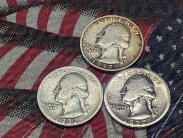 1937 P, D, & S Washington Quarters, 90% Silver