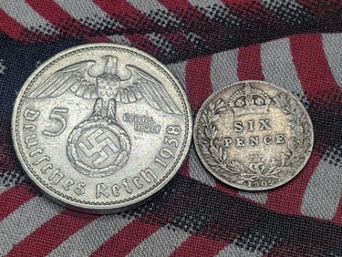 1938-A Germany 5 Silver Reichsmark & 1909 United Kingdom Silver Six Pence (2 PCS)