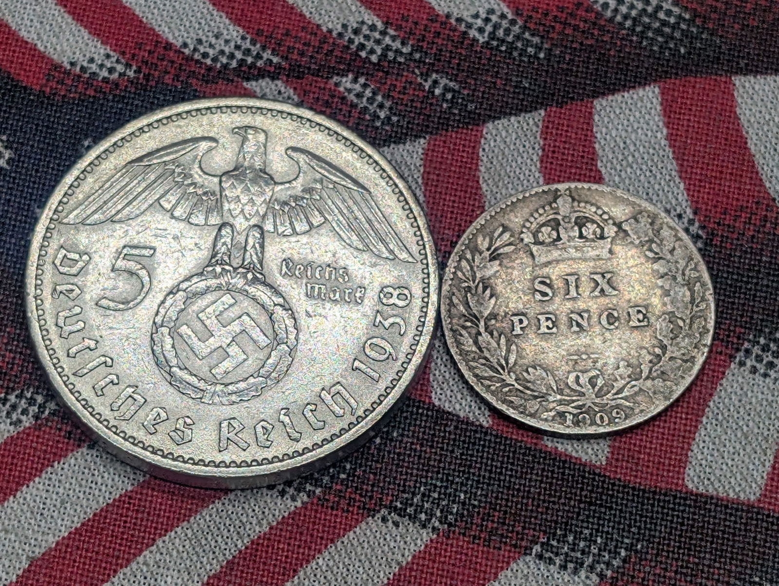 1938-A Germany 5 Silver Reichsmark & 1909 United Kingdom Silver Six Pence (2 PCS) (1 of 2)