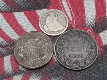 3 Various Vintage U.S. Coins, 1881-H Canada One Cent, 1938-O Seated Liberty Dime & 1868 U.S Two Cent