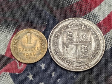 1950 Soviet 1 Kopeck & 1887 Great Britain 1 Silver Shilling - XF (2 PCS)