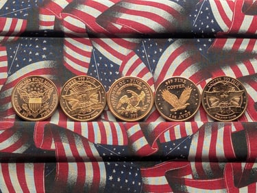 Five 1 Oz. Each .999 FINE COPPER Various Designed Rounds (5PCS)