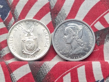 1945-S Philippines 50 Silver Centavos & 1948 Reunion 2 Francs (2 PCS)