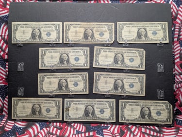 Lot of Ten Various 1957 Series $1.00 Silver Certificates, (7) 1957's, (1) 57-A, (2) 57-B's