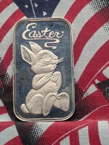 1 Oz. .999 FINE SILVER 1990 Easter Bunny Designed Art Bar
