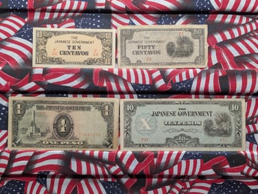 1943 Japan 10 & 50 Centavos & One & 10 Pesos Philippines WWll Military Invasion Currency