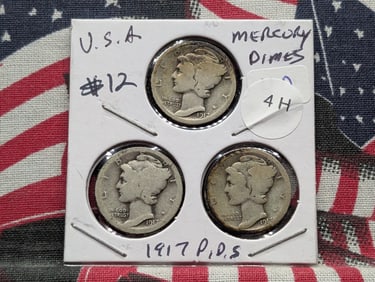 1917 P,D,S Silver Mercury Dimes - Better Teen Dates! - Complete Year Set!