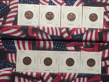 (1) 1969-S, (2) 1970-P, (3) 1972-D, (2) 1974-P BU Lincoln Memorial Cent