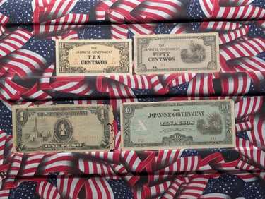 1943 Japan 10 & 50 Centavos & One & 10 Pesos Philippines WWll Military Invasion Currency