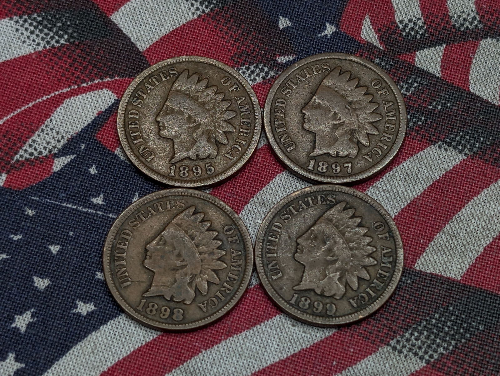 (4) Indian Head Cents 1895, 1897, 1898, 1899 (1 of 2)