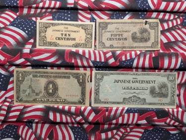 1943 Japan 10 & 50 Centavos & One & 10 Pesos Philippines WWll Military Invasion Currency