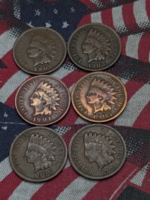 (6) Indian Head Cents 1901, 1903, 1904, 1905, 1906, 1907
