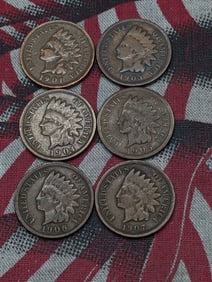 (6) Indian Head Cents 1901, 1903, 1904, 1905, 1906, 1907