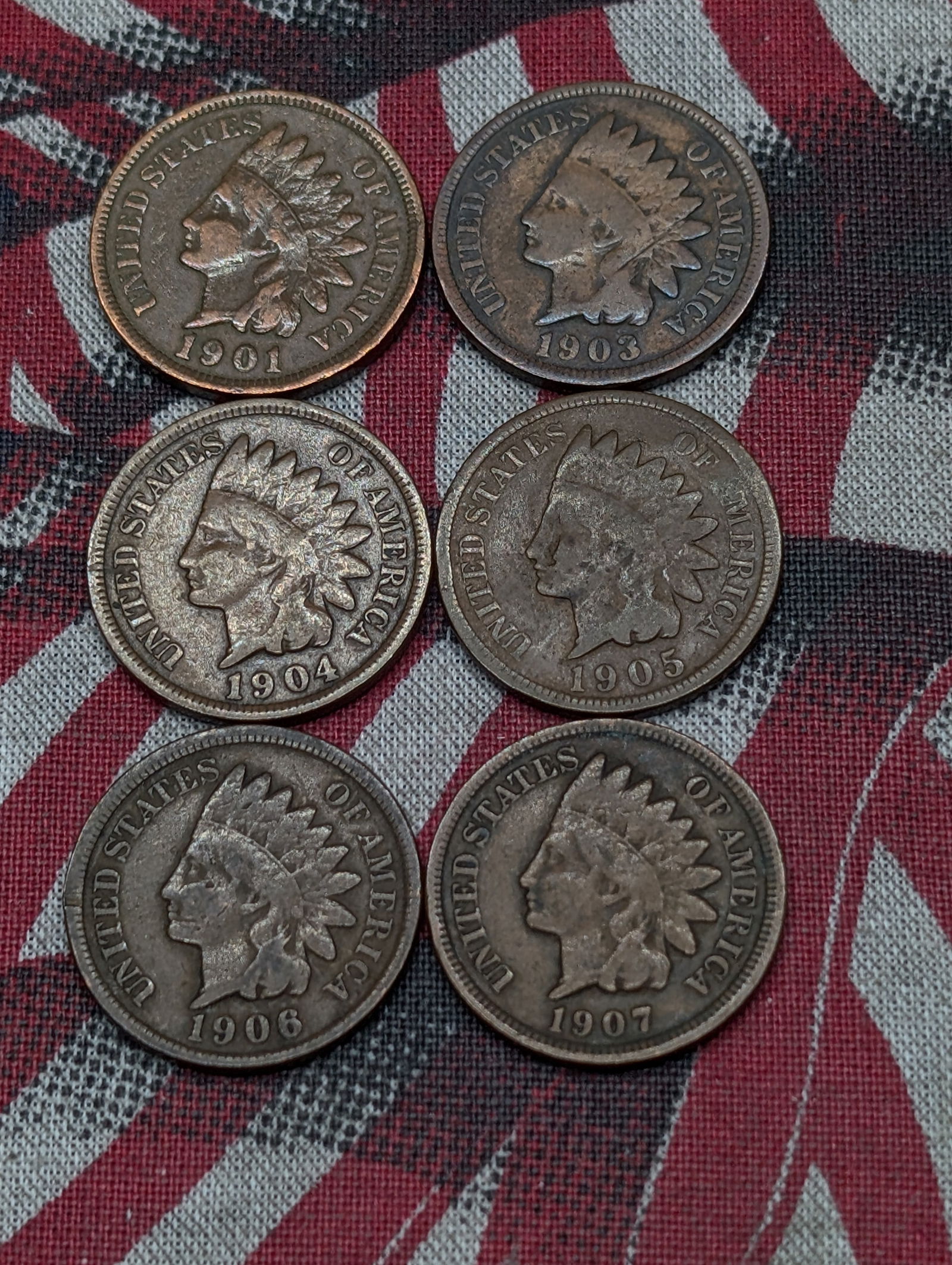 (6) Indian Head Cents 1901, 1903, 1904, 1905, 1906, 1907 (1 of 2)