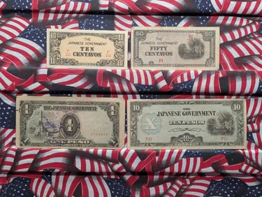 1943 Japan 10 & 50 Centavos & One & 10 Pesos Philippines WWll Military Invasion Currency