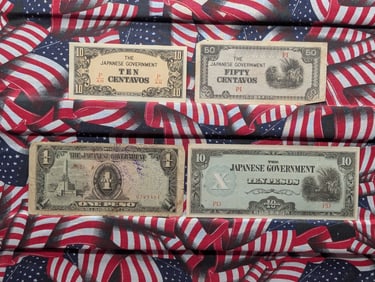 1943 Japan 10 & 50 Centavos & One & 10 Pesos Philippines WWll Military Invasion Currency