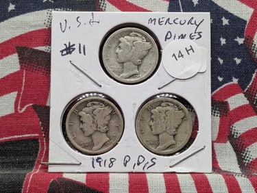 1918 P,D,S Silver Mercury Dimes - Better Teen Dates! - Complete Year Set!