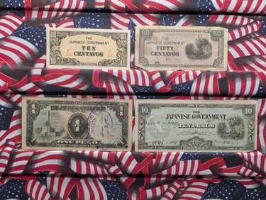 1943 Japan 10 & 50 Centavos & One & 10 Pesos Philippines WWll Military Invasion Currency