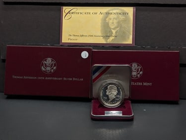 1993-S Thomas Jefferson 250th Anniversary Silver Dollar, 90% Silver In OGP With COA