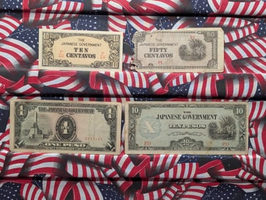 1943 Japan 10 & 50 Centavos & One & 10 Pesos Philippines WWll Military Invasion Currency