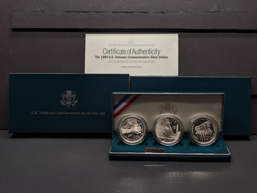 1994-P U.S. Veterans Commemorative Silver Dollars, Three Coin Set, All 90% Silver In OGP With COA