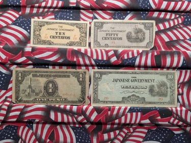 1943 Japan 10 & 50 Centavos & One & 10 Pesos Philippines WWll Military Invasion Currency