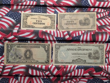 1943 Japan 10 & 50 Centavos & One & 10 Pesos Philippines WWll Military Invasion Currency