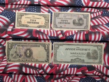 1943 Japan 10 & 50 Centavos & One & 10 Pesos Philippines WWll Military Invasion Currency