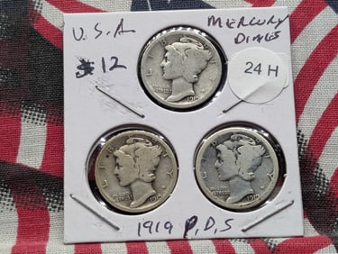 1919 P,D,S Silver Mercury Dimes - Better Teen Dates! - Complete Year Set!