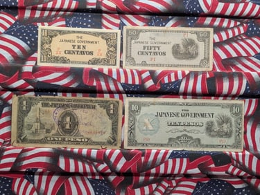 1943 Japan 10 & 50 Centavos & One & 10 Pesos Philippines WWll Military Invasion Currency